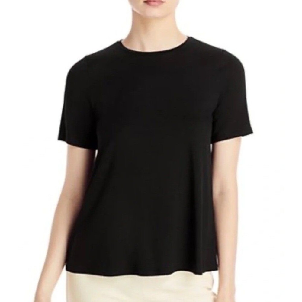 EILEEN FISHER Black Cotton Blend Crew Neck T Shirt Sz M Short Sleeve Minimal EUC